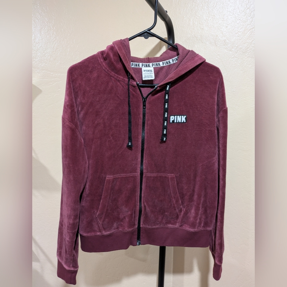 Victoria’s Secret XS Burgundy‎ velour Hoodie Full Zip PINK EUC LKN